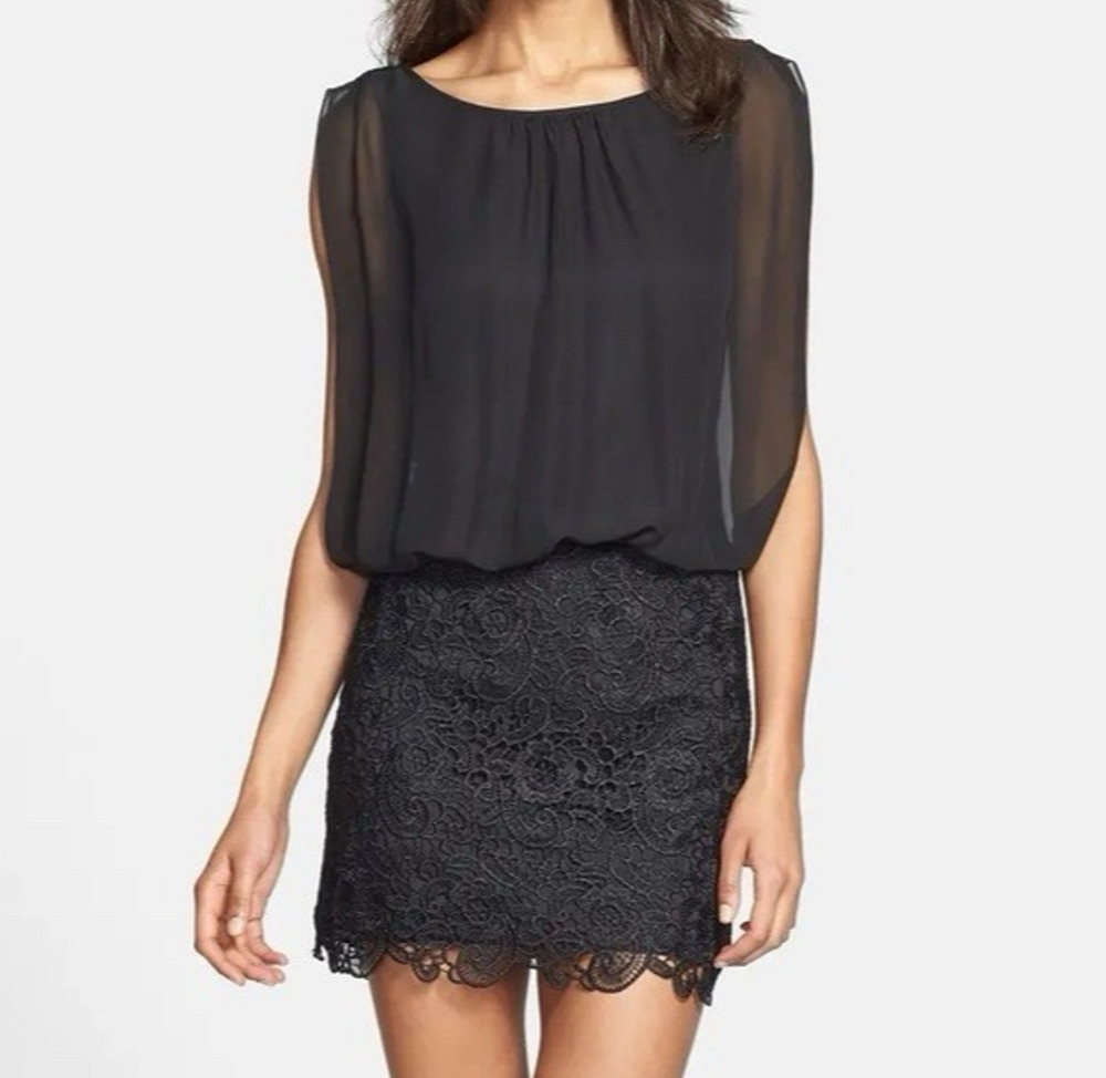 Women's Aidan Mattox Size 6 Black Lace Skirt Blouson Dress Chiffon Classy Luxury